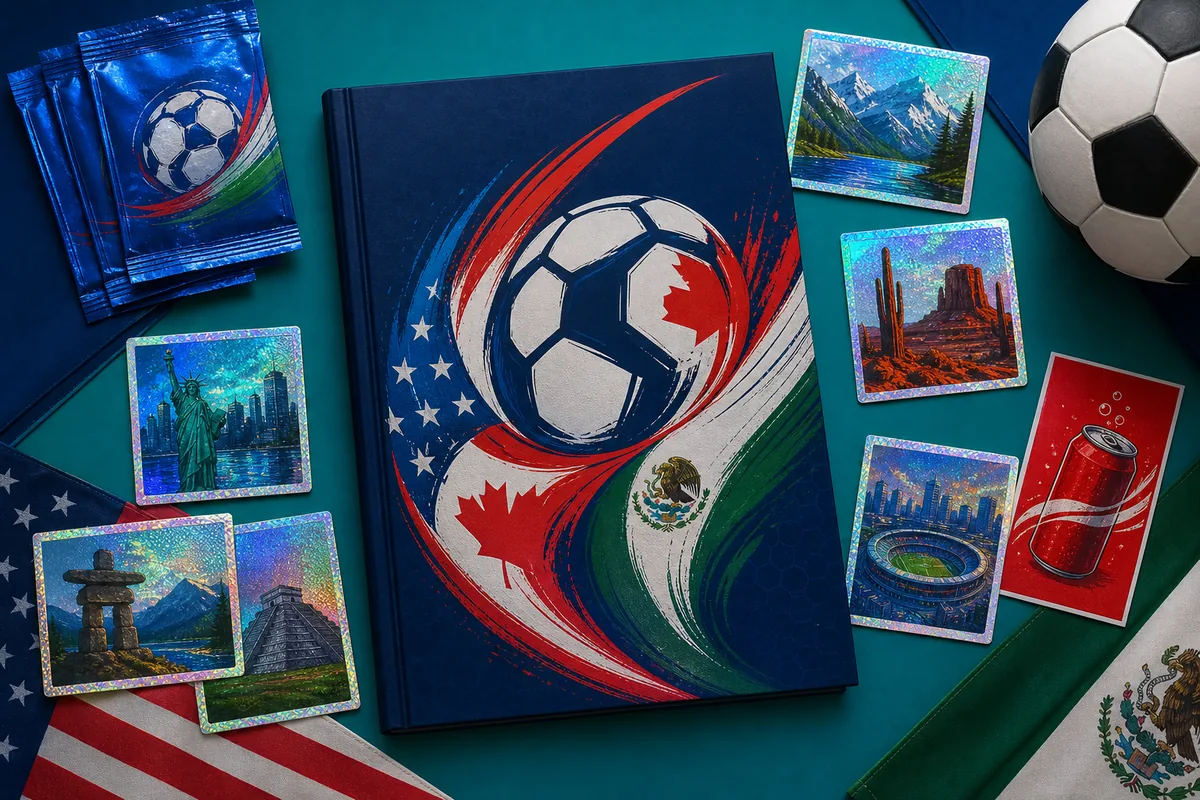 World Cup 2026 Panini album with a North American host-nation cover, holographic foil stickers, sticker packs, a red soda promo sticker and USA, Canada and Mexico flags.