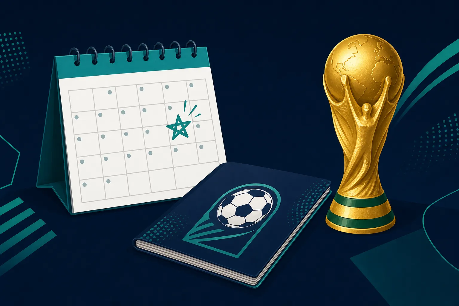 Calendar with a star-marked release date beside a World Cup 2026 Panini sticker album and the golden World Cup trophy.