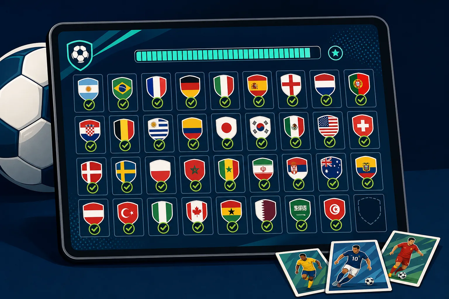 World Cup 2026 Panini sticker checklist showing all team stickers ticked off with green checkmarks and a near-complete progress bar.