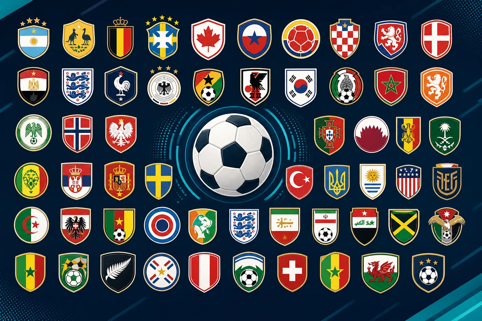 Grid of national-team crest badges around a soccer ball representing all 48 World Cup 2026 teams.
